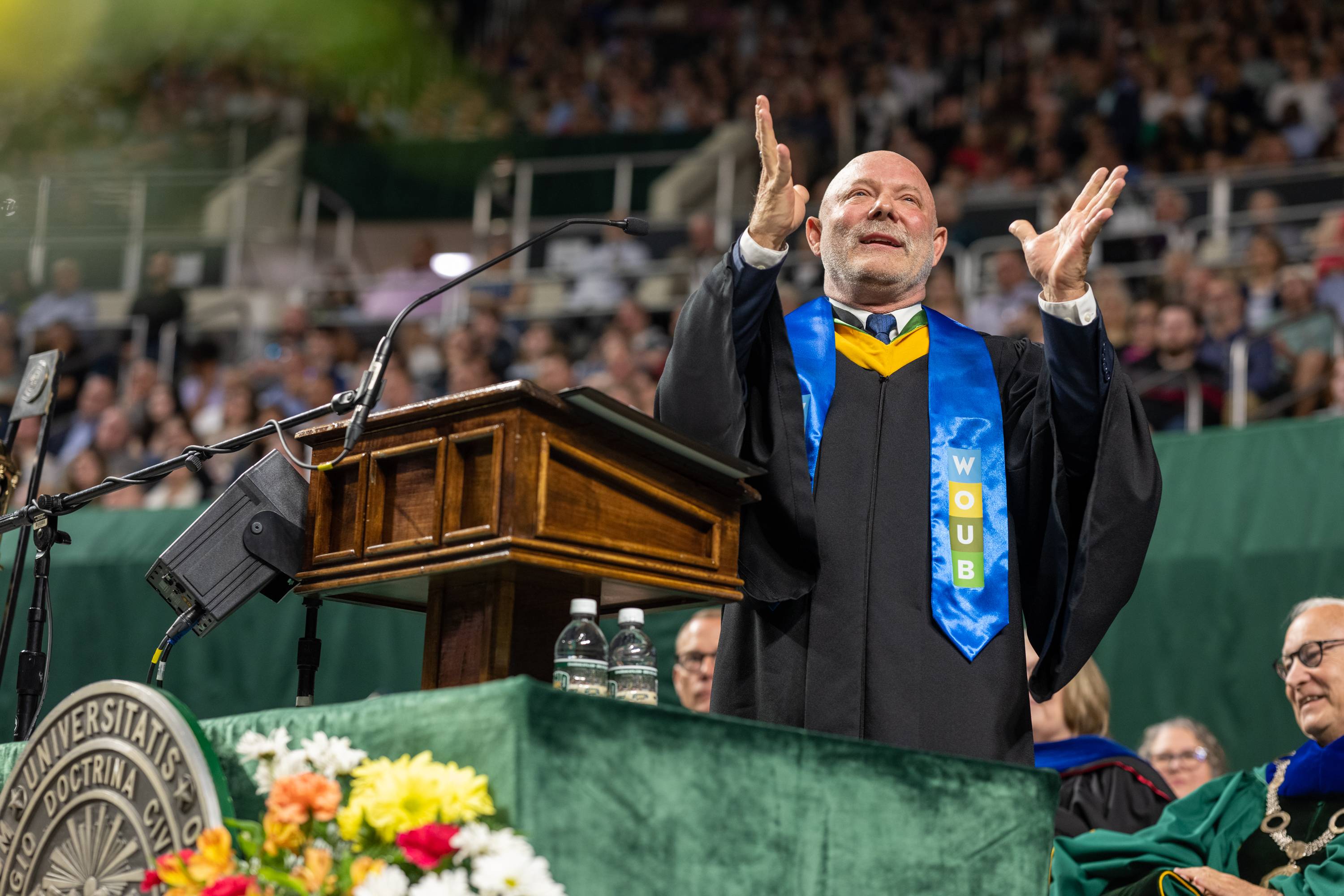 Keynote Speaker David Collins, B.S.C. '89, shares his words of wisdom with the graduates at the morning Commencement Ceremony on Saturday, May 6.