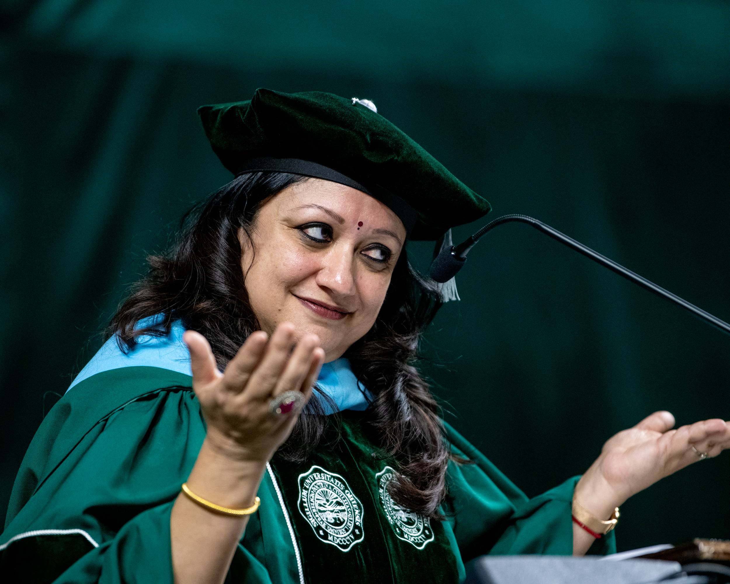 Dr. Saumya Pant, assistant professor in the School of Media Arts and Studies and director of the Communication and Development Studies program in the Center for International Studies, delivers the commencement address to graduate students on Friday, May 5.
