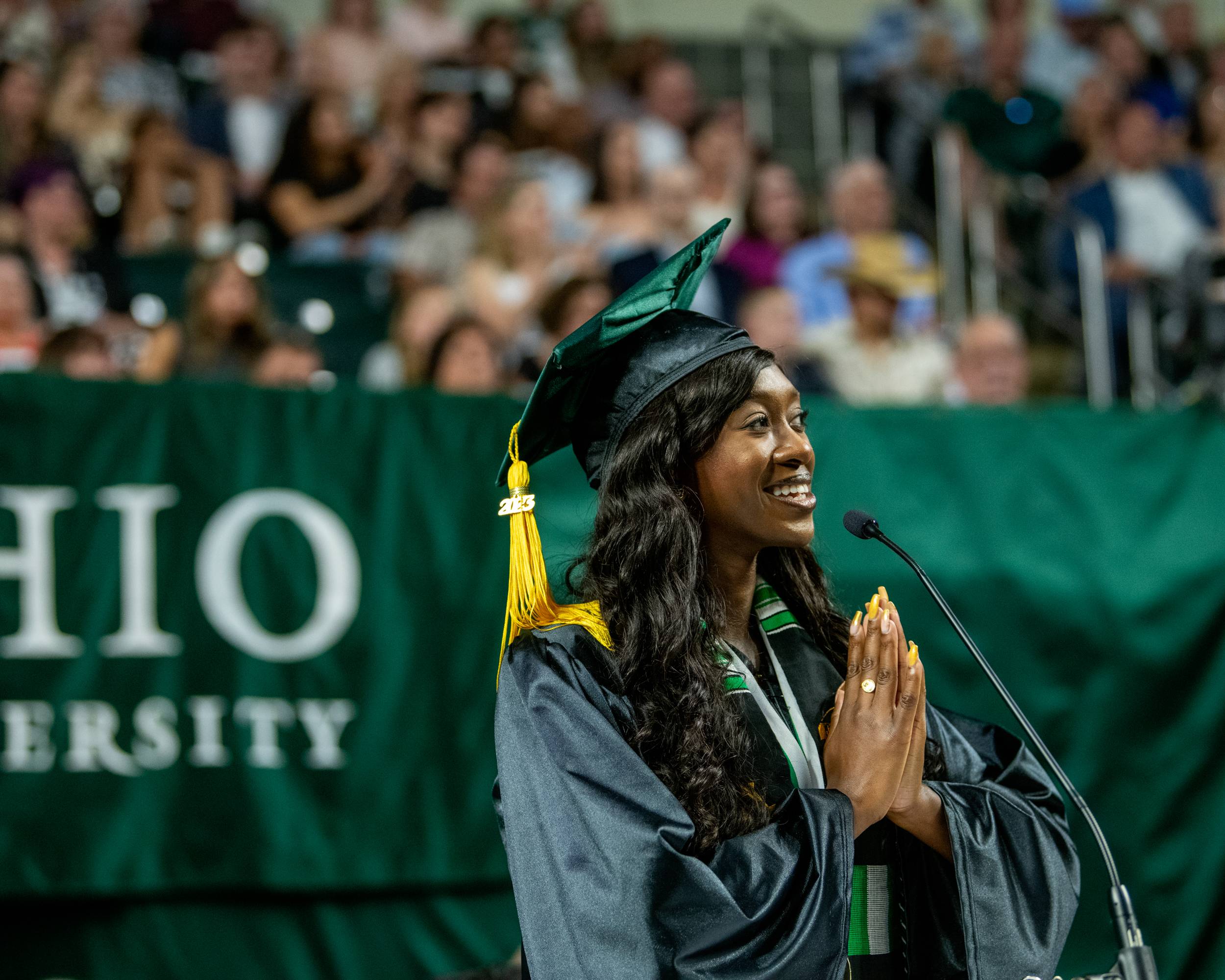 Graduating senior and Claire O. and Charles J. Ping Cutler Scholar Sarah Ladipo addresses her fellow classmates during the Commencement ceremony. 