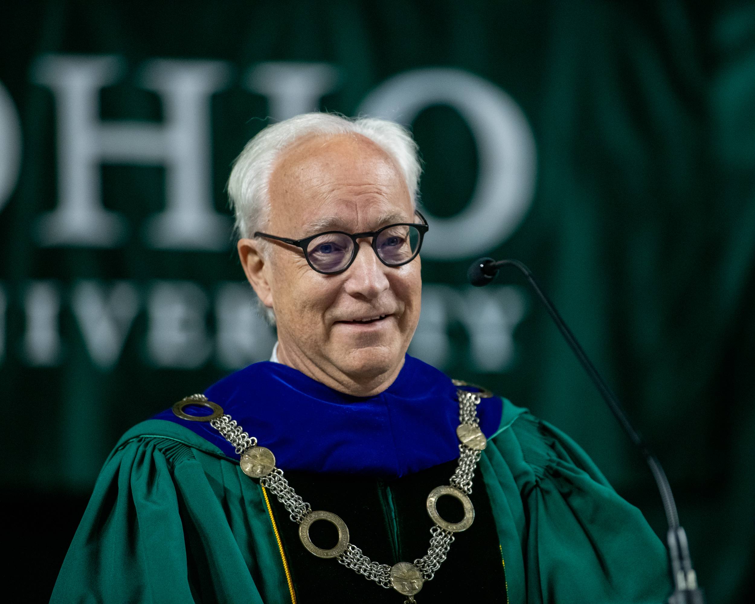President Hugh Sherman provides advice to graduating Bobcats, reminding them they will forever have a home at OHIO. 