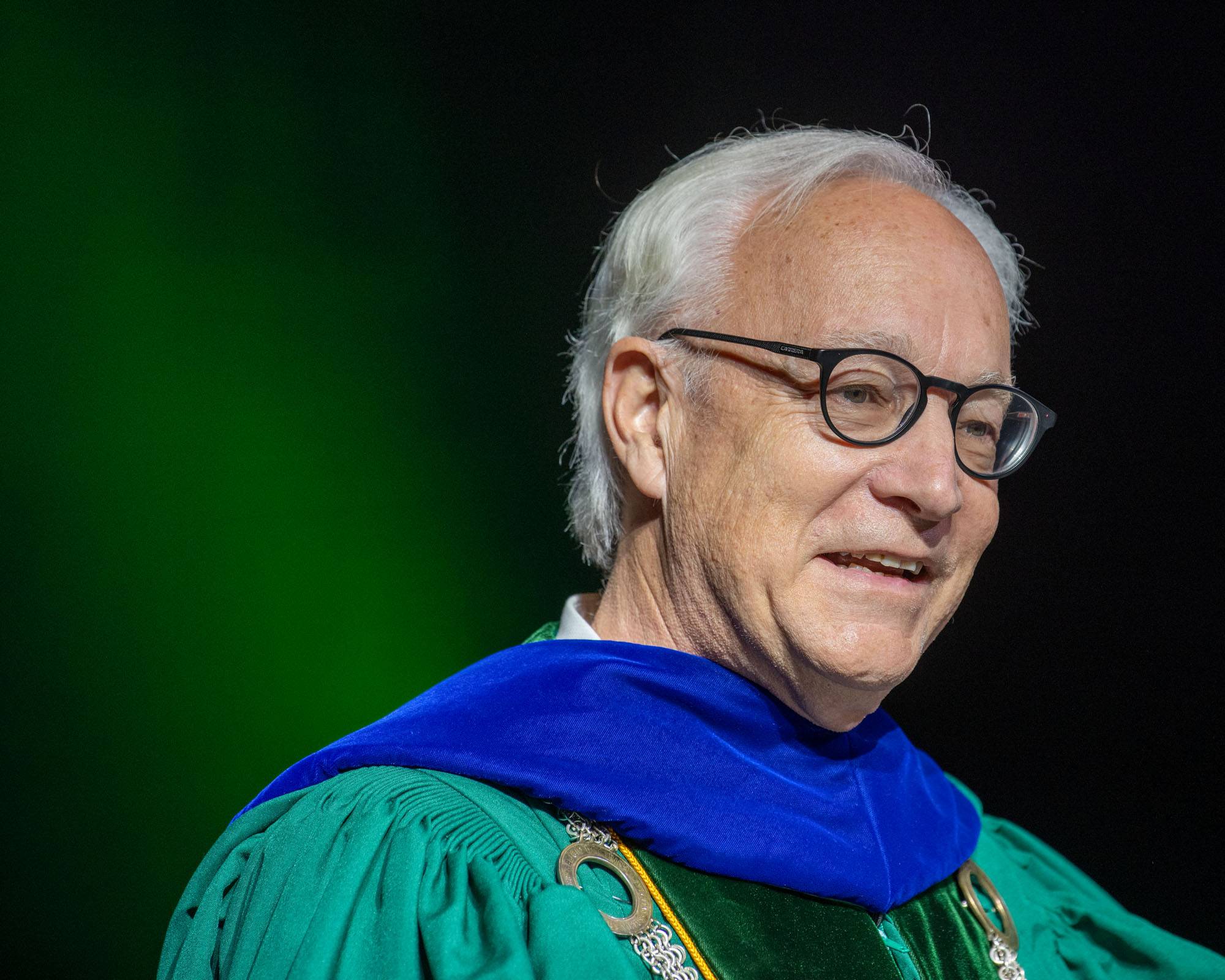 Ohio University President Hugh Sherman told the medical school graduates that they join a worldwide community of more than 280,000 proud Ohio University alumni. “You also join a community of noble professionals devoted to health, healing and caring,” he said
