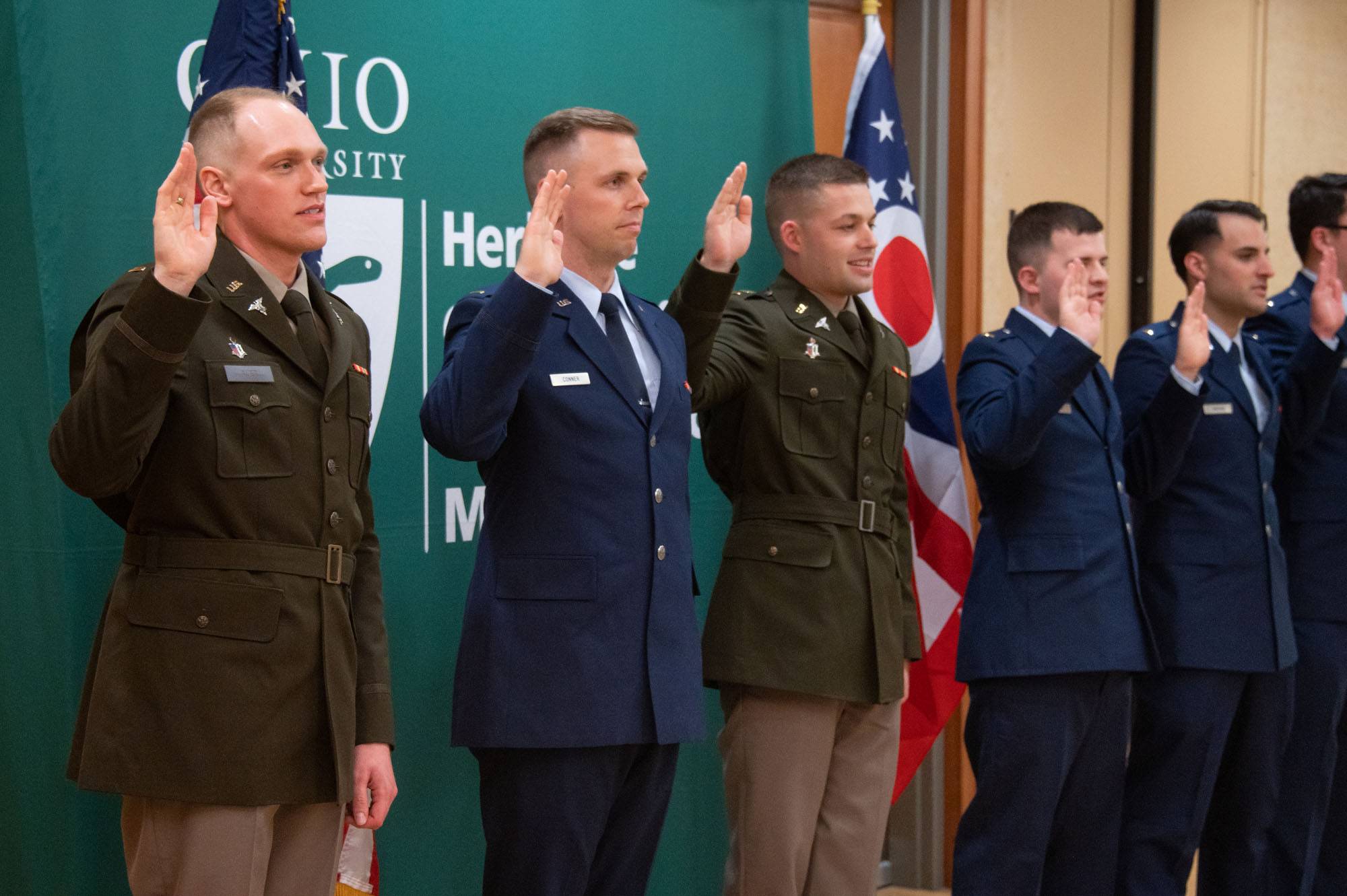 Eight students of the Ohio University Heritage College of Osteopathic Medicine Class of 2023 received commissions during a ceremony following commencement. They will be pursuing a career in military medicine and caring for members of the Armed Forces and their families.