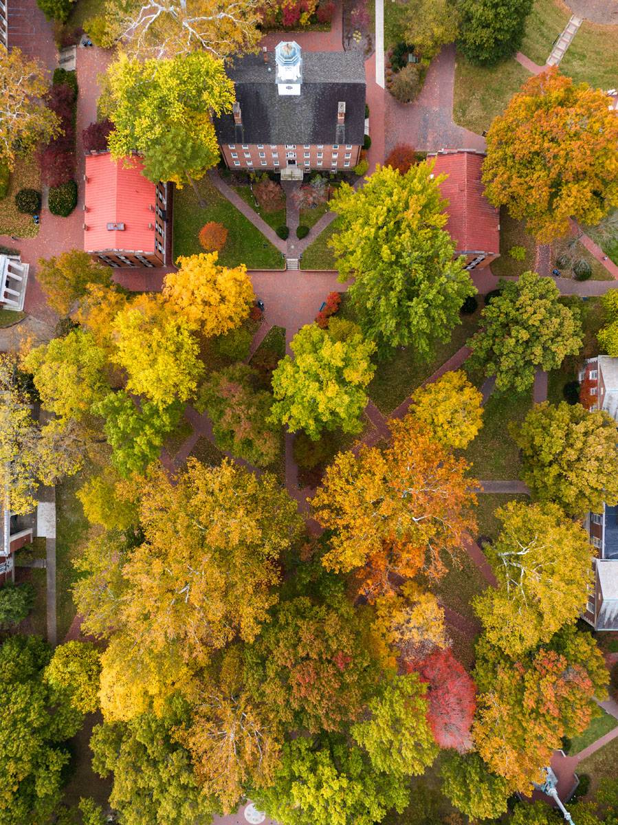 A drone captures a bird’s eye view of peak fall colors on College Green