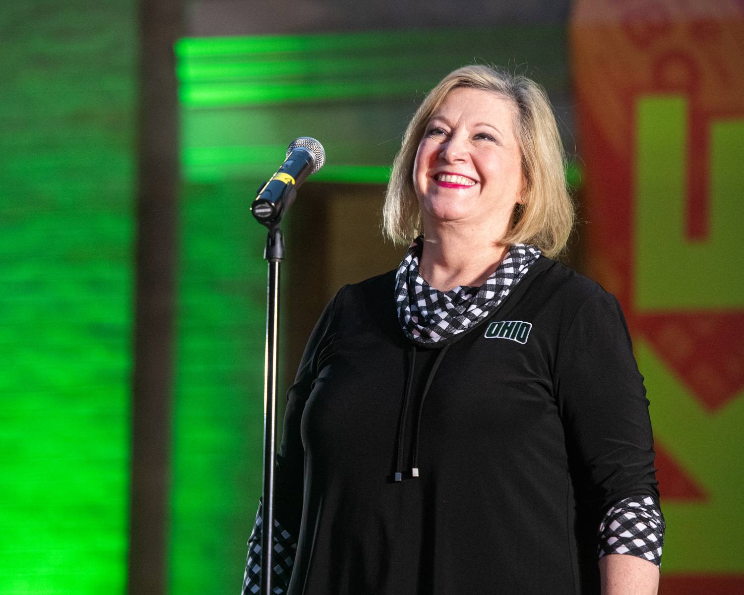 Ohio University President Lori Stewart Gonzalez greets an excited group of proud Bobcats at the pep rally at the Scripps Amphitheater.