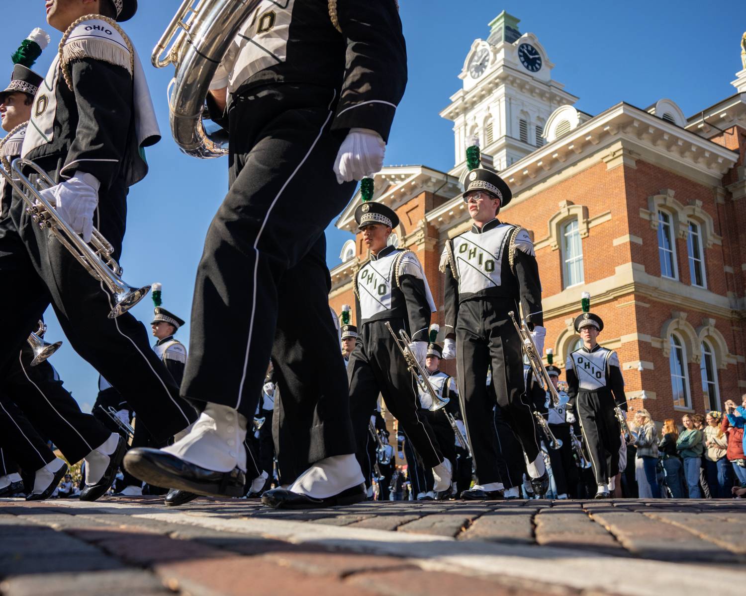 The Marching 110 performs at the Homecoming Parade on Court Street.