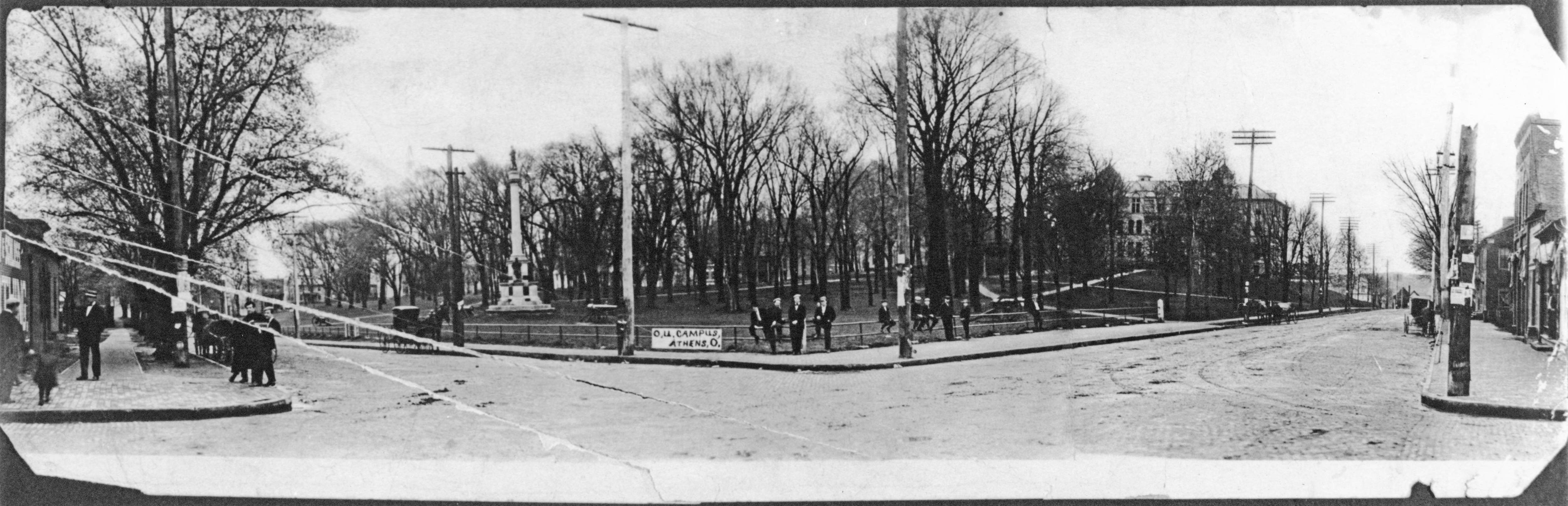 This panoramic view of Union and Court Streets, circa 1907, shows College Green and the Soldiers and Sailors monument on the left. Young boys sit on a wooden fence where the Alumni Gateway would be built less than a decade later. Photo courtesy the Mahn Center for Archives & Special Collections