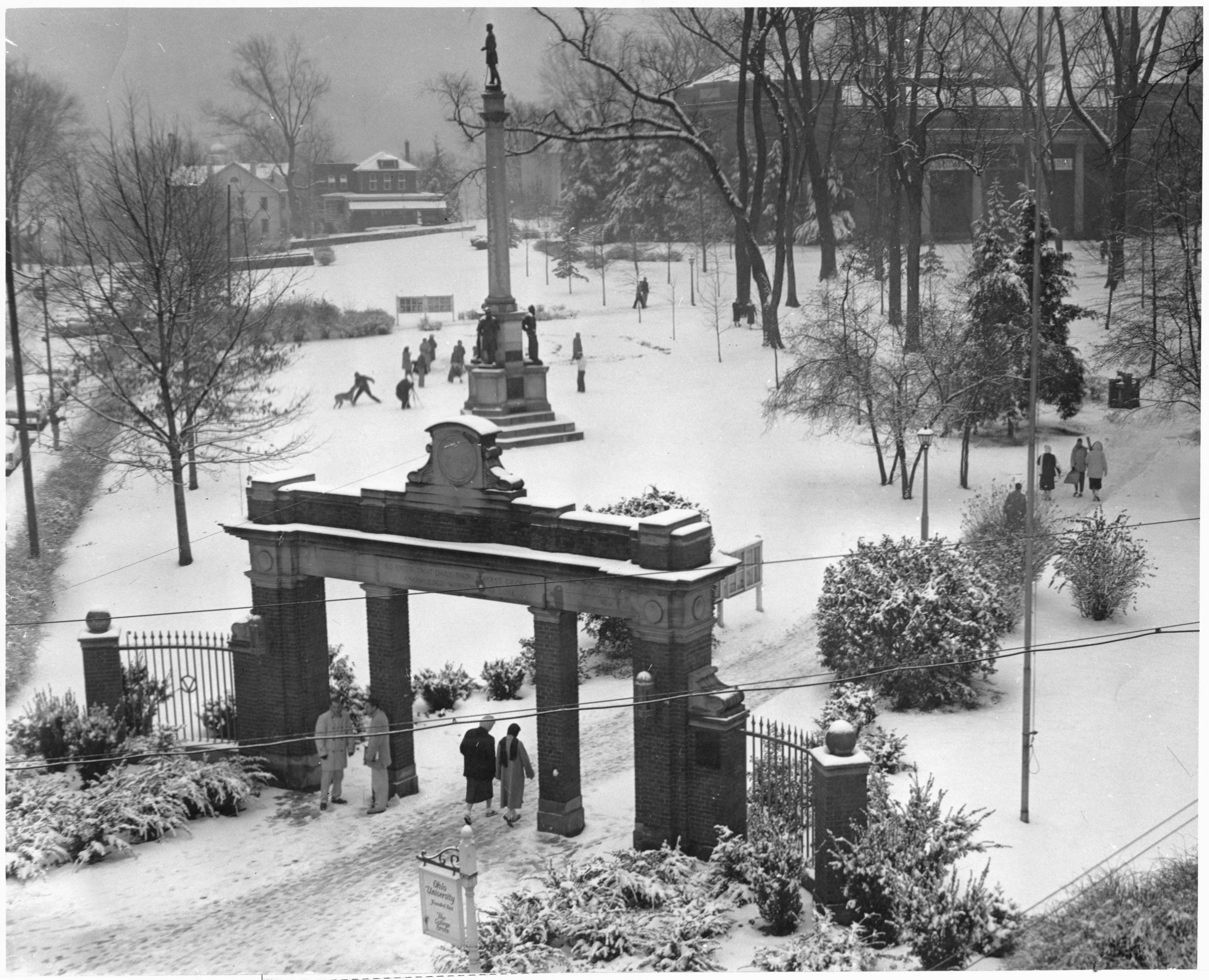 Students gather and frolic in the snow near the Soldiers and Sailors monument in this photo from the 1940s. Photo courtesy the Mahn Center for Archives & Special Collections