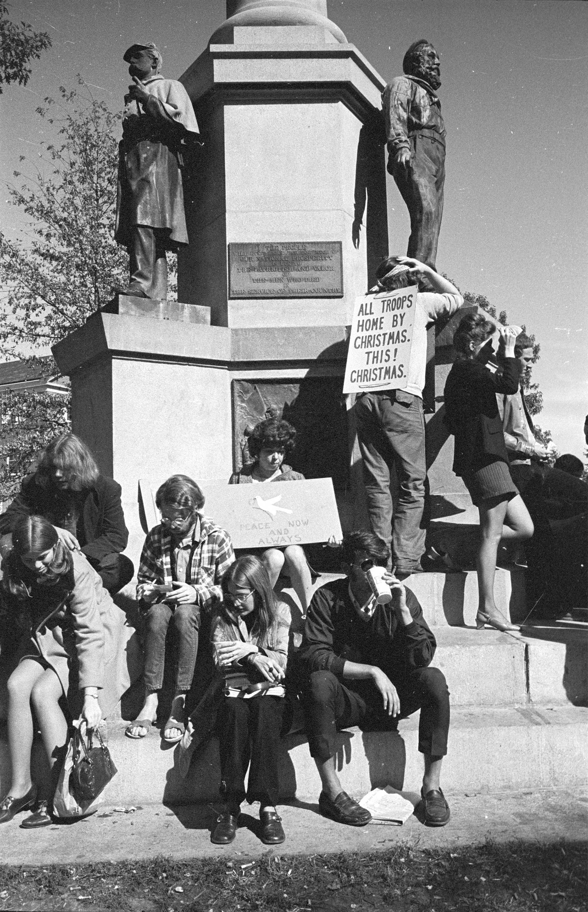 Students protest the Vietnam War at the base of the monument in October 1969. Photo courtesy the Mahn Center for Archives & Special Collections