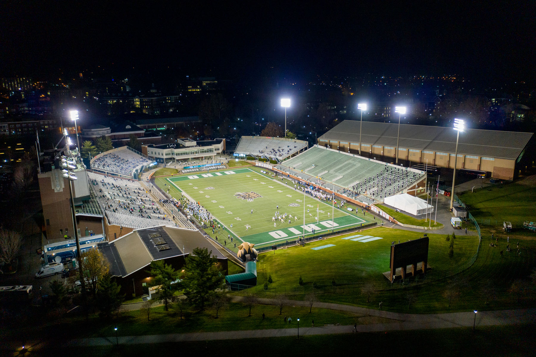 An overhead view of Peden Stadium at night. Less crowd density is visible as games in 2020 were restrictive