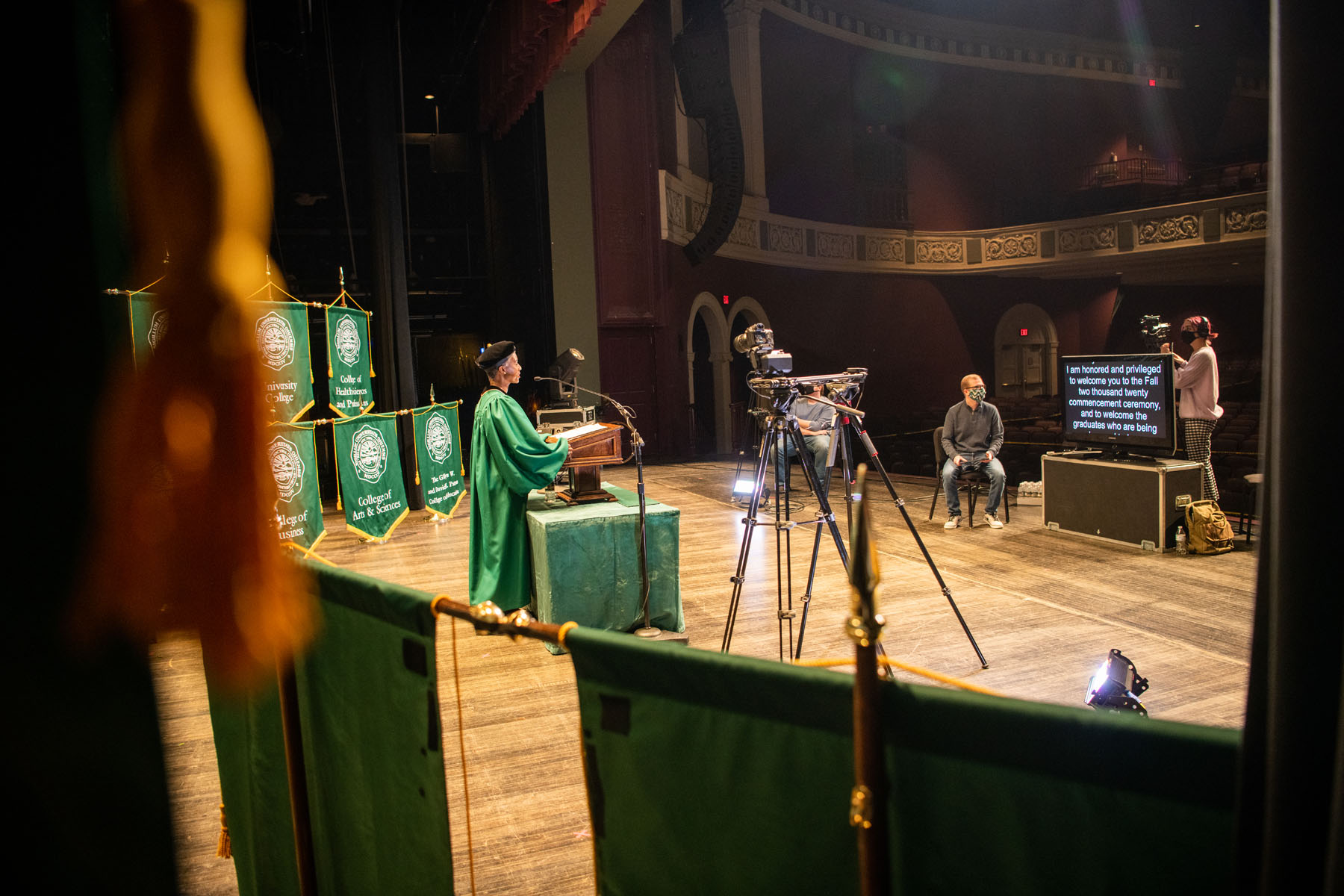 A view from behind the scenes of the virtual fall 2020 commencement ceremony