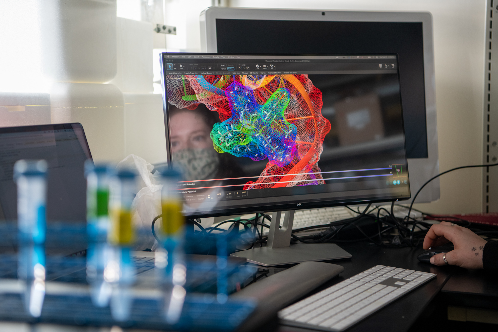 A graduate student at a computer demonstrates a 3D model of protein