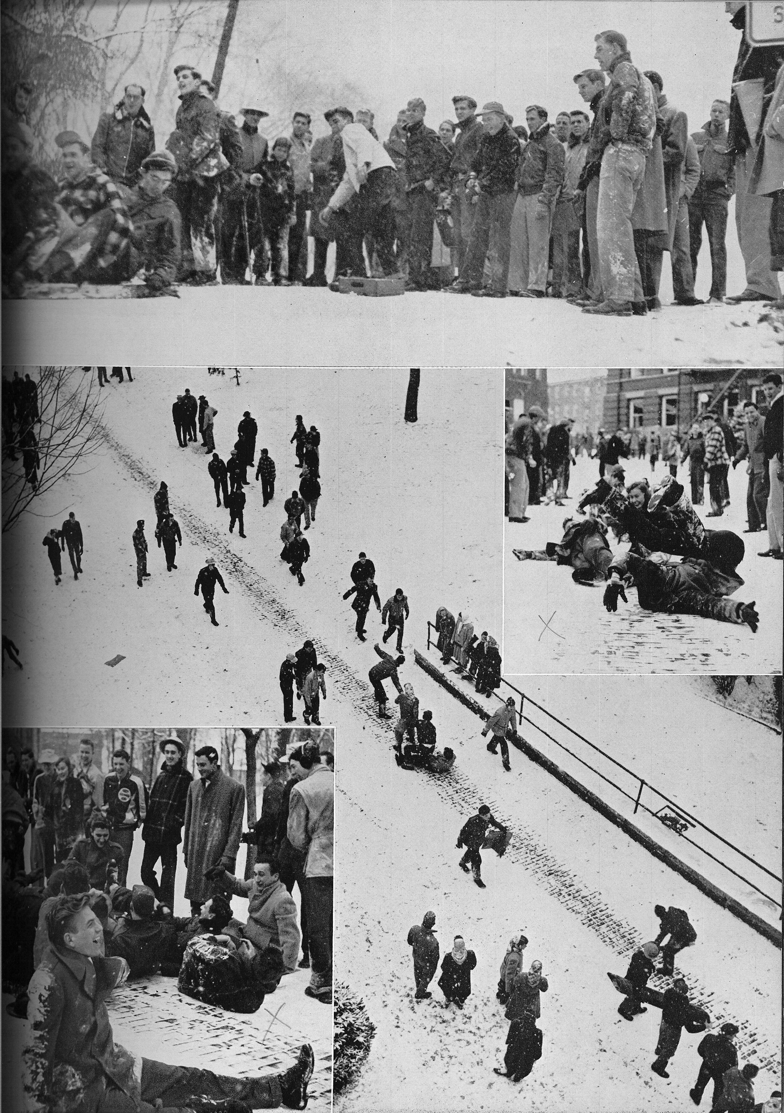 A series of photos showing students sledding and playing in the snow in the 1950s