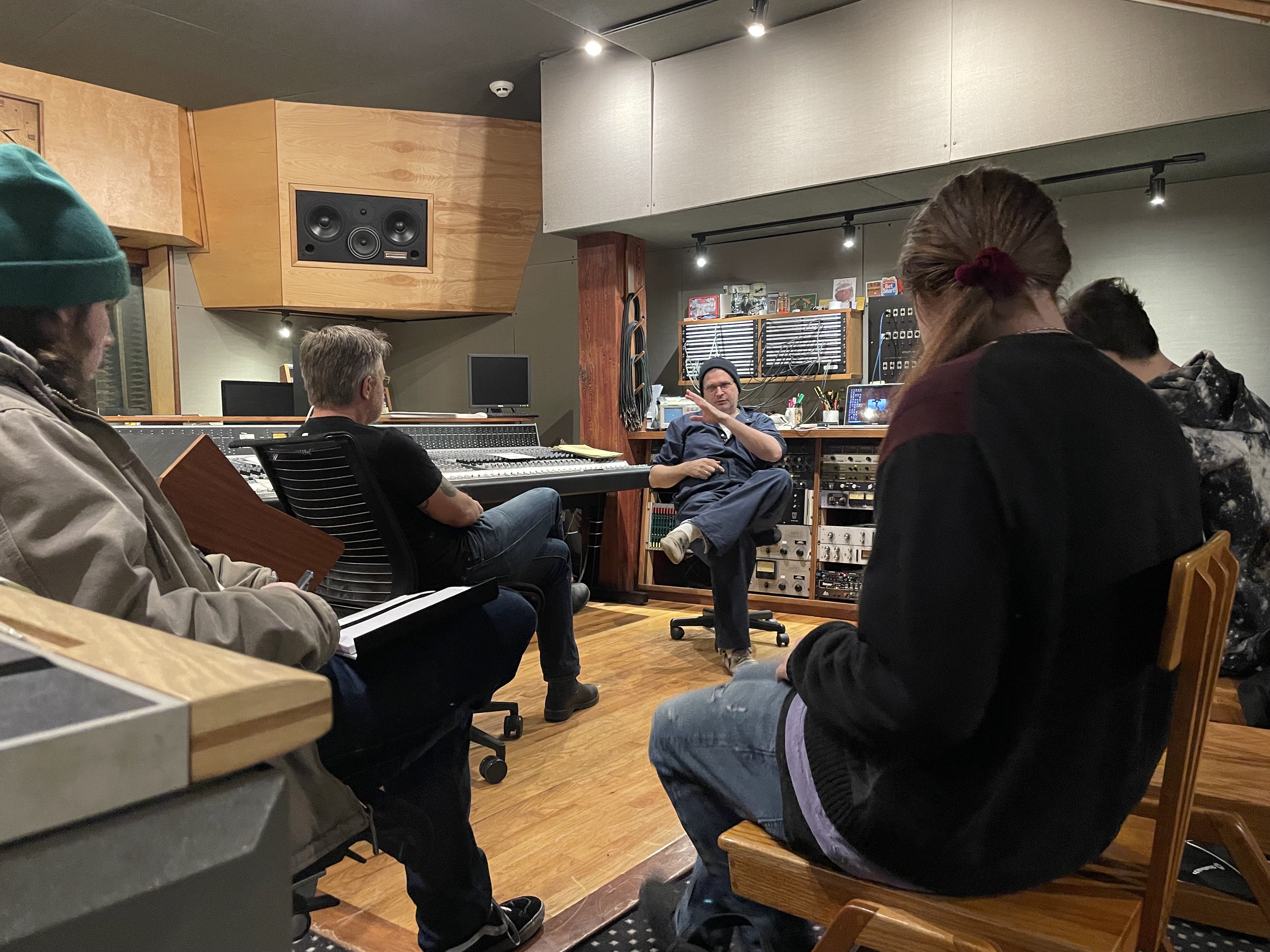 Students sit with producer Steve Albini in Electrical Audio Studio.