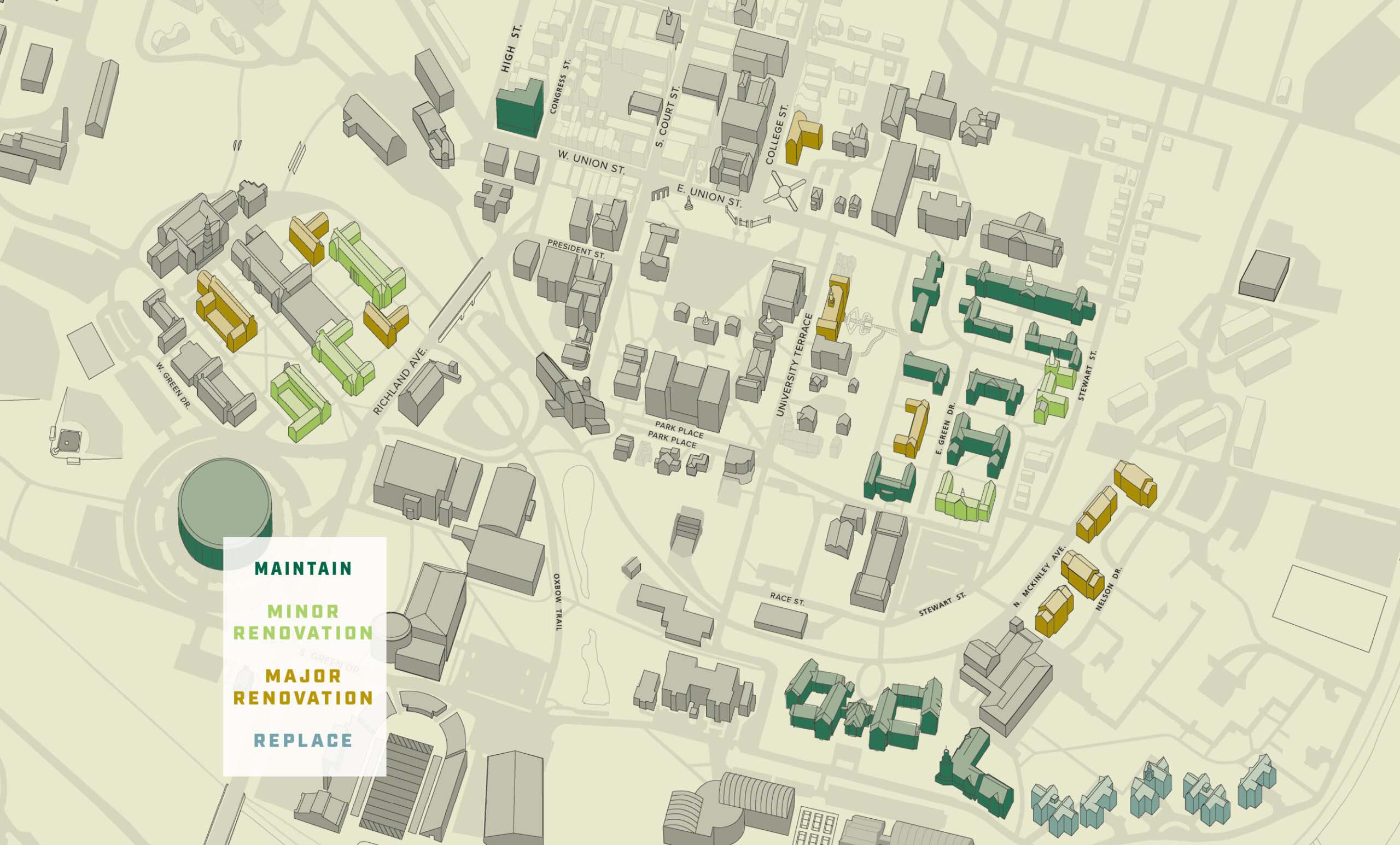 A map which shows Residents Halls, it lists the halls that will will be under minor or major renovation; as well as those to be maintained or replaced.