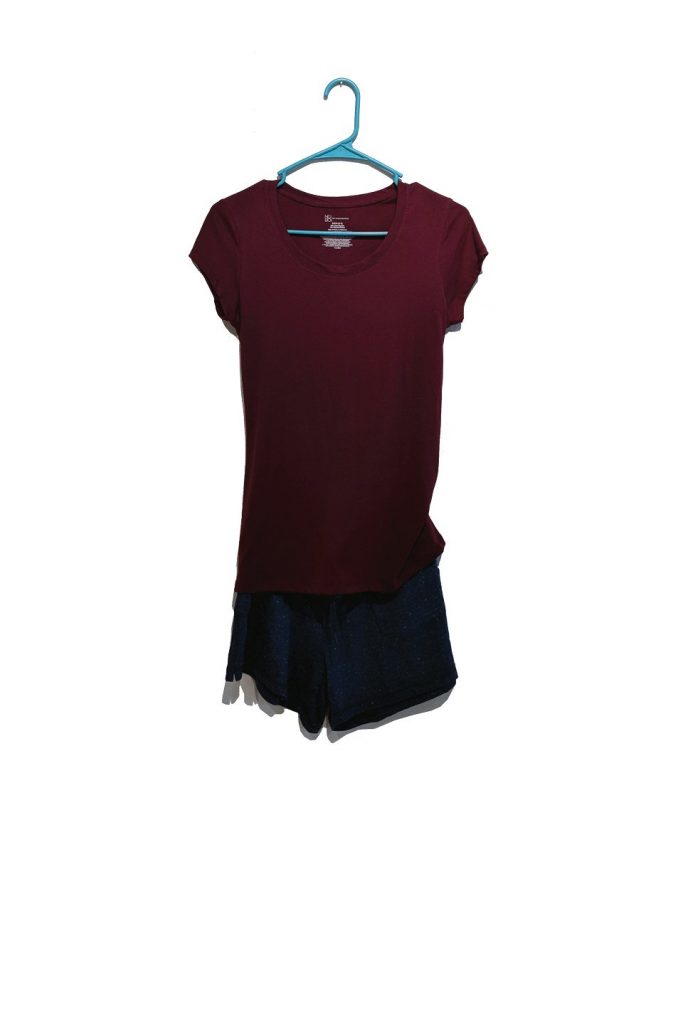 Dark red tshirt and athletic shorts