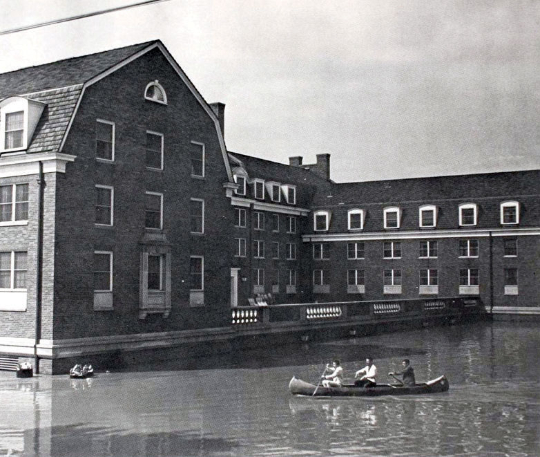 1964 flood athens ohio, student on canoe pass dorm