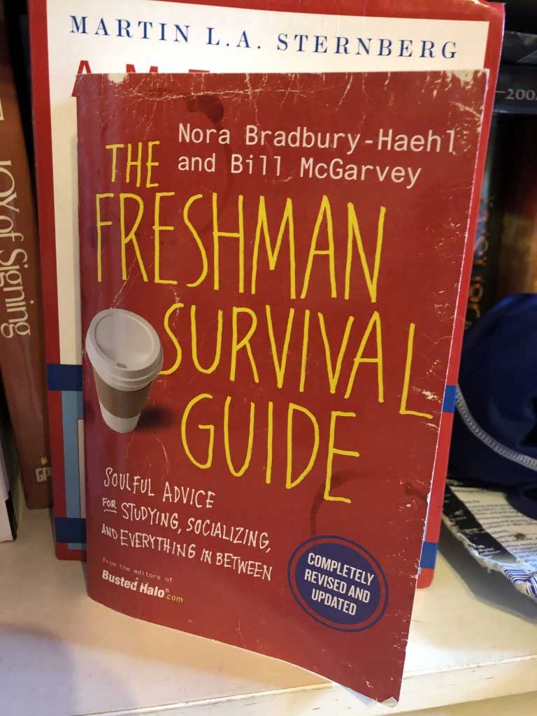 a used and battered copy of The Freshman Survival Guide