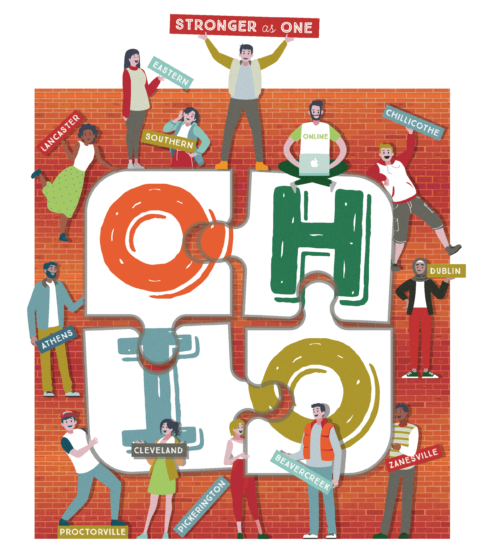 Illustration with different people holding up different OHIO campuses. In the center O H I O is connected like a puzzle. Titled stronger as one