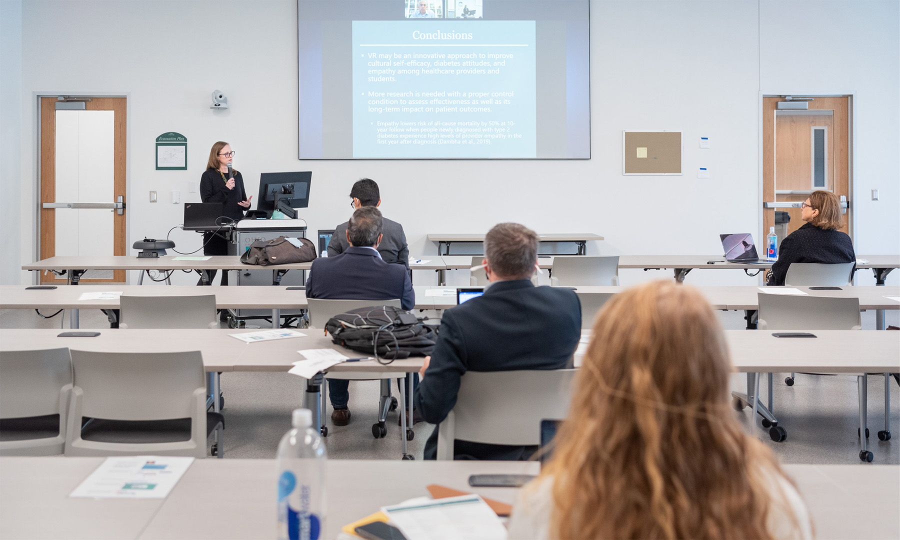 Dr. Elizabeth Beverly, co-director of Ohio University’s Diabetes Institute, speaks at the Patient Care and Diabetes in Appalachian Ohio and Beyond Symposium in Heritage Hall on Nov. 5. Photo by Laura Bilson, BSVC '23