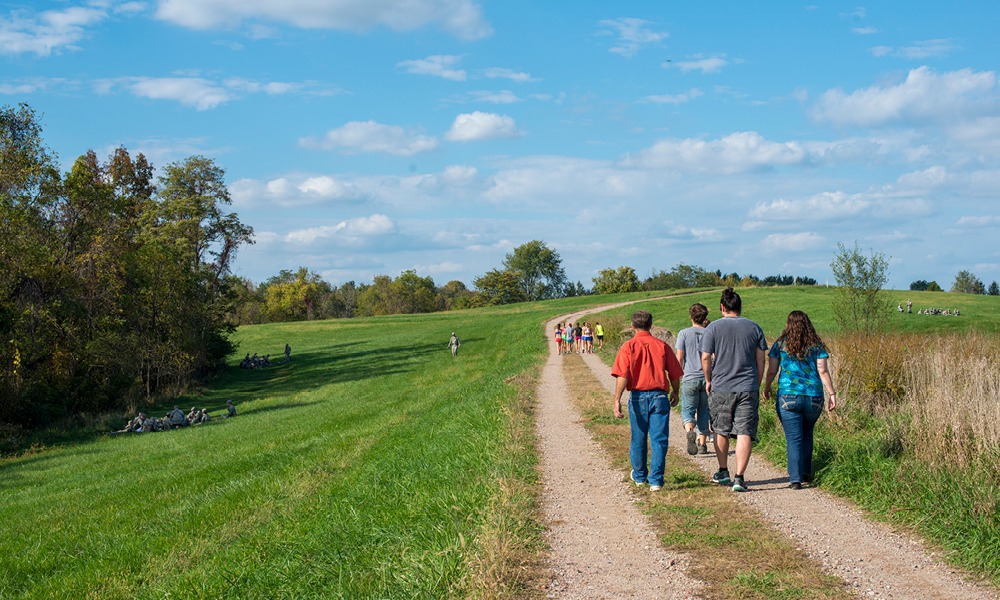 a group of people walking down a dirt path during a sunny day. there is green grass and a line of trees