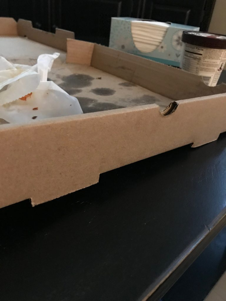 An empty pizza box lays open, with grease stains on the bottom of the cardboard box. A full box of tissues and an ice cream pint are placed next to it.