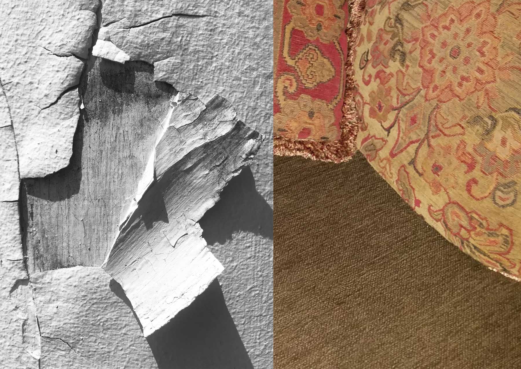 photos made by mother and daughter, one showing a broken floor, the other a floor and the bottom of a quilt