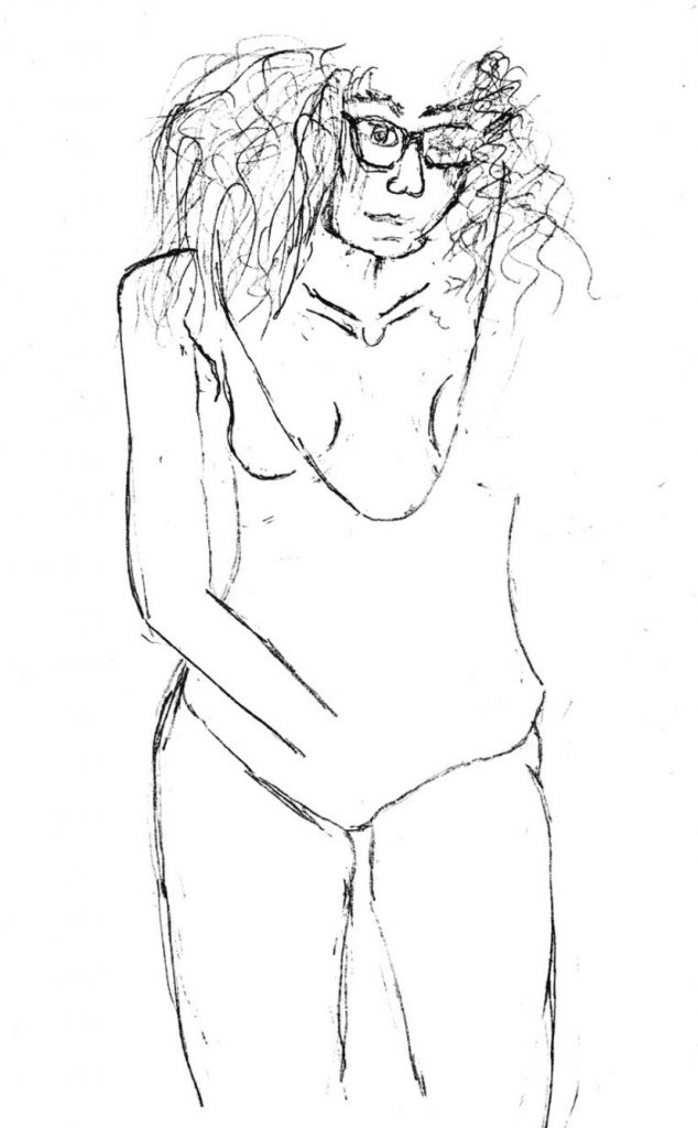 A pen drawing of a person in a bathing suit. The image is cropped so that anything beyond the forehead or thighs is not visible. Only one arm is drawn, and there are no hands. There is little detail work, except for the subject’s face.