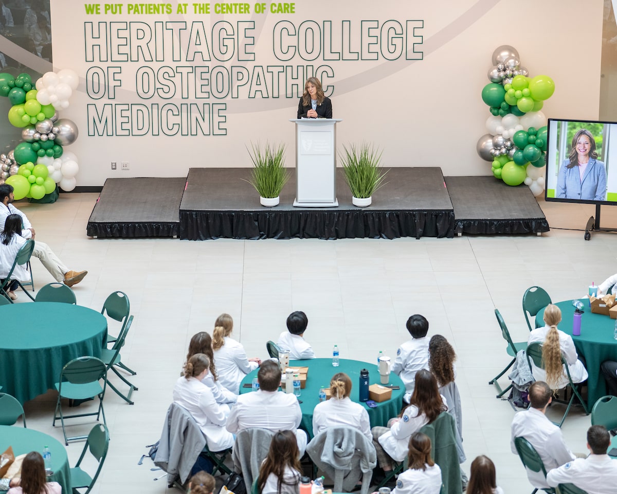 Dr. Amy Acton speaks to medical students at the Heritage College of Osteopathic medicine