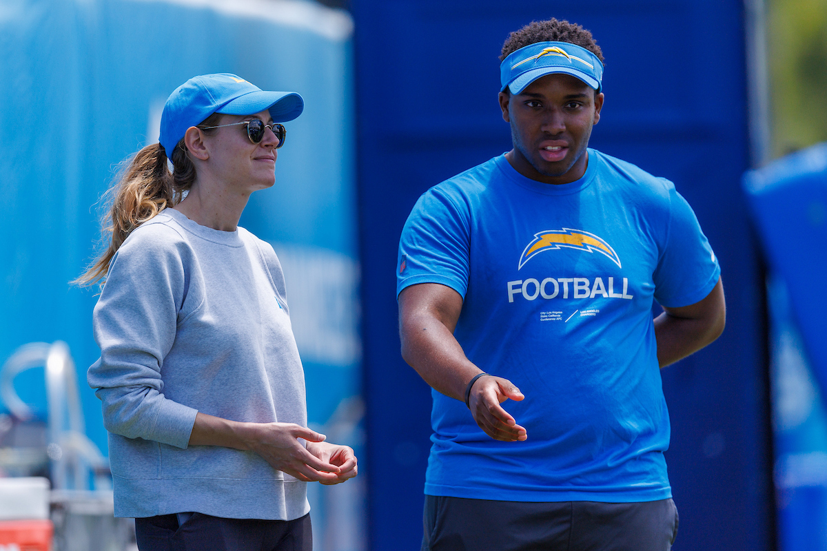 Jaylen Bannerman-Oden (right) at a Los Angeles Chargers practice.