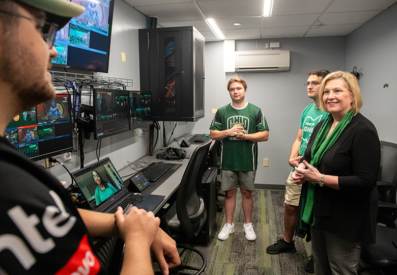 Ohio University gamers give President Gonzalez a tour of the Esports Arena broadcast room.