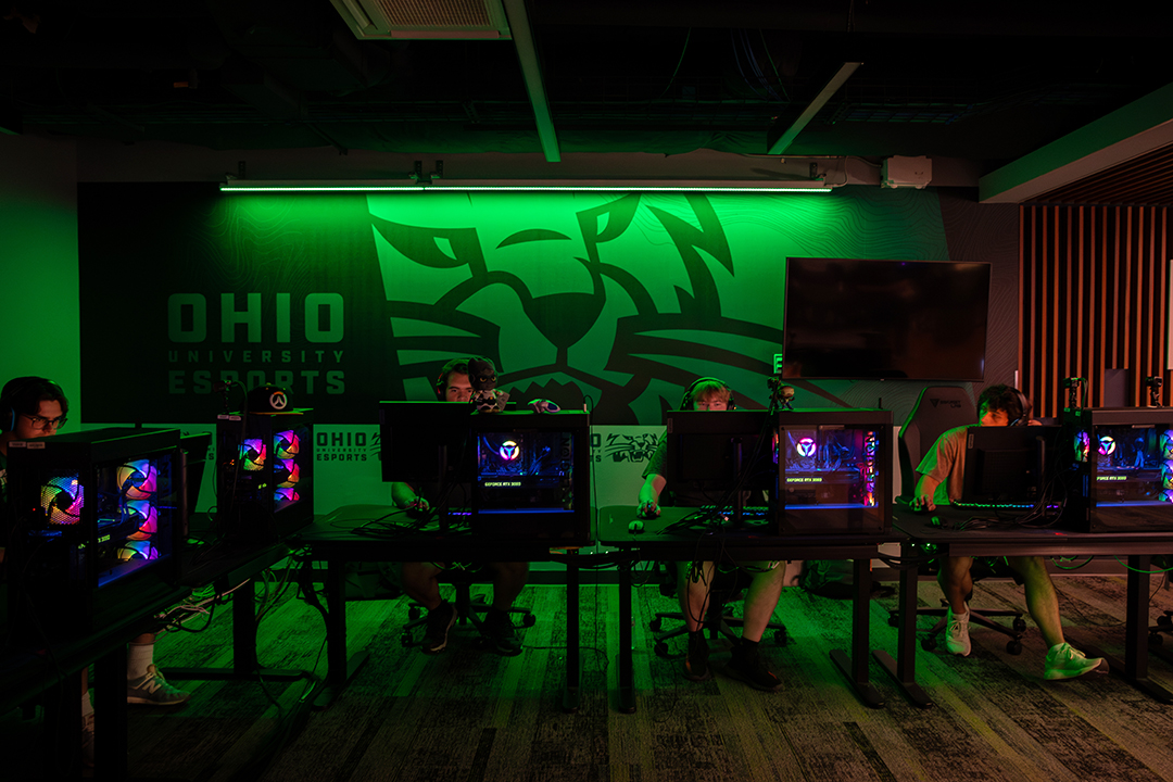 Gamers in the middle of a match in the OHIO Esports Arena.