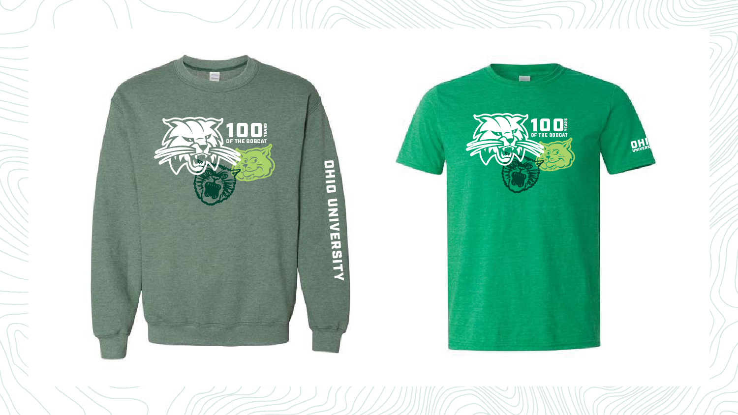 An image of two shirts, one long-sleeved and one short-sleeved, with the Attack Cat image and the words 100 Years of the Bobcat - Ohio University