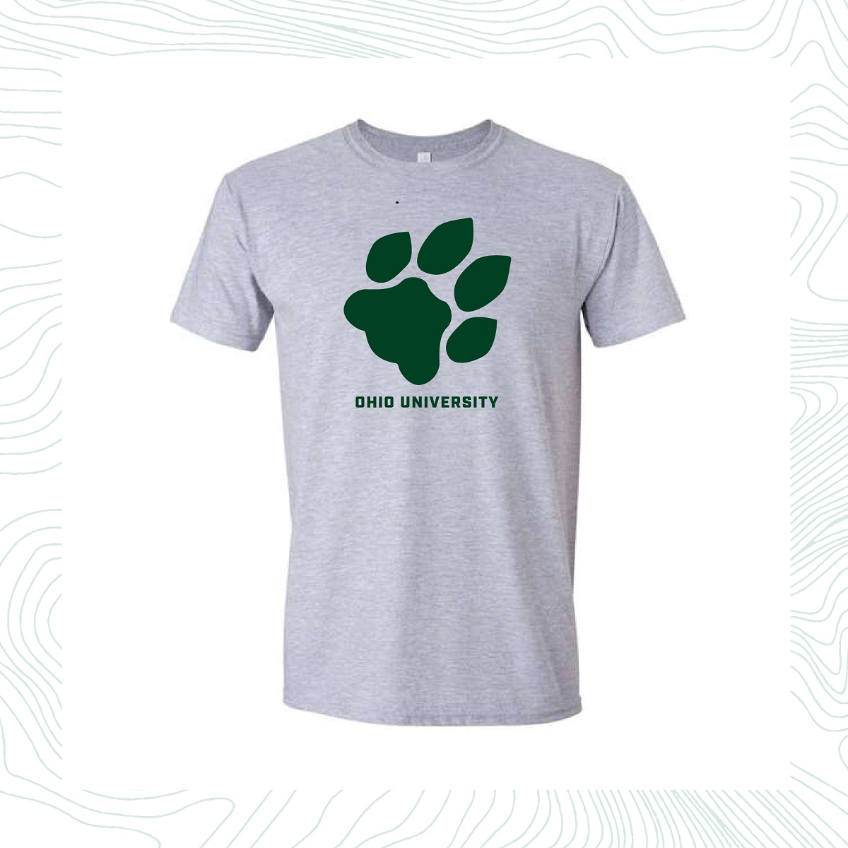 A grey T-shirt with a Paw logo on it and the words Ohio University