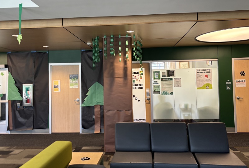 The inside of James Hall is decorated to look like a forest