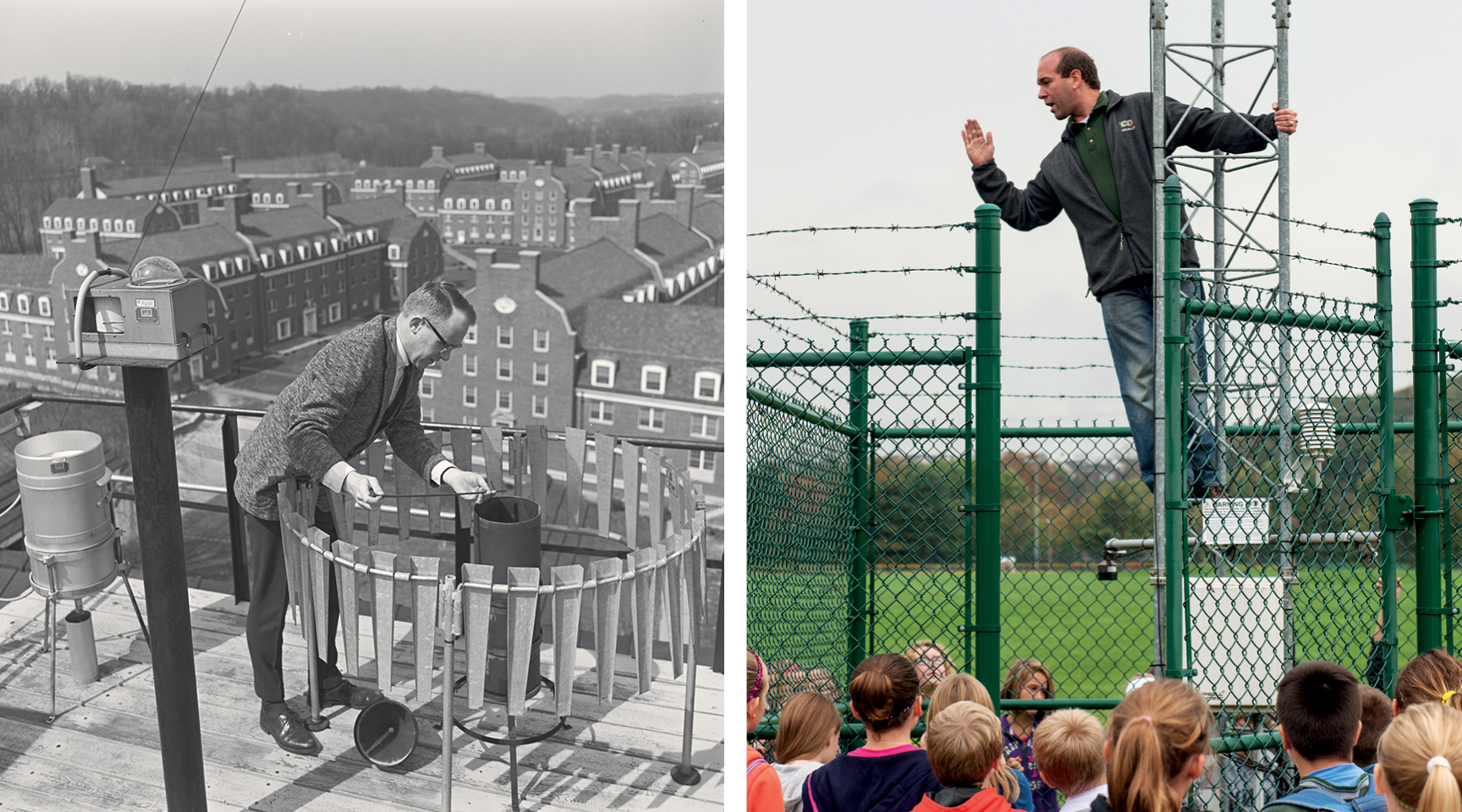 Left: a man with glasses and business professional attire inspects scientific equipment on a rooftop overlooking Ohio University’s West Green. Right:  a man in casual attire stands partway up a weather tower, addressing a group of elementary school students
