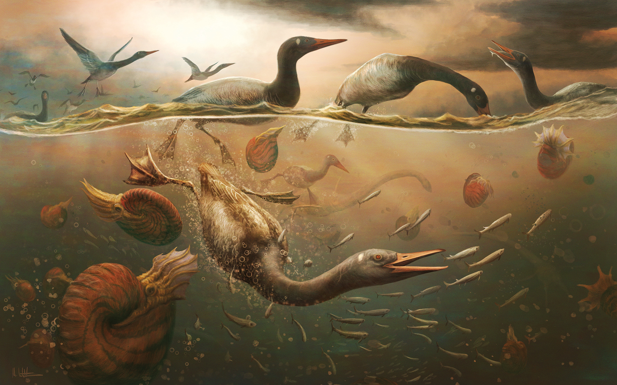 an artist’s rendering of the ancient bird Vegavis, depicted diving for fish among other ancient creatures