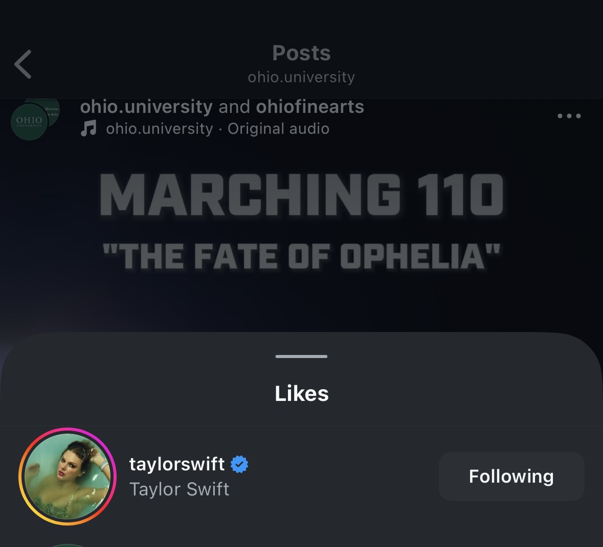 Screenshot of Taylor Swift's "Like" of the Marching 110 video of her song "The Fate of Ophelia"