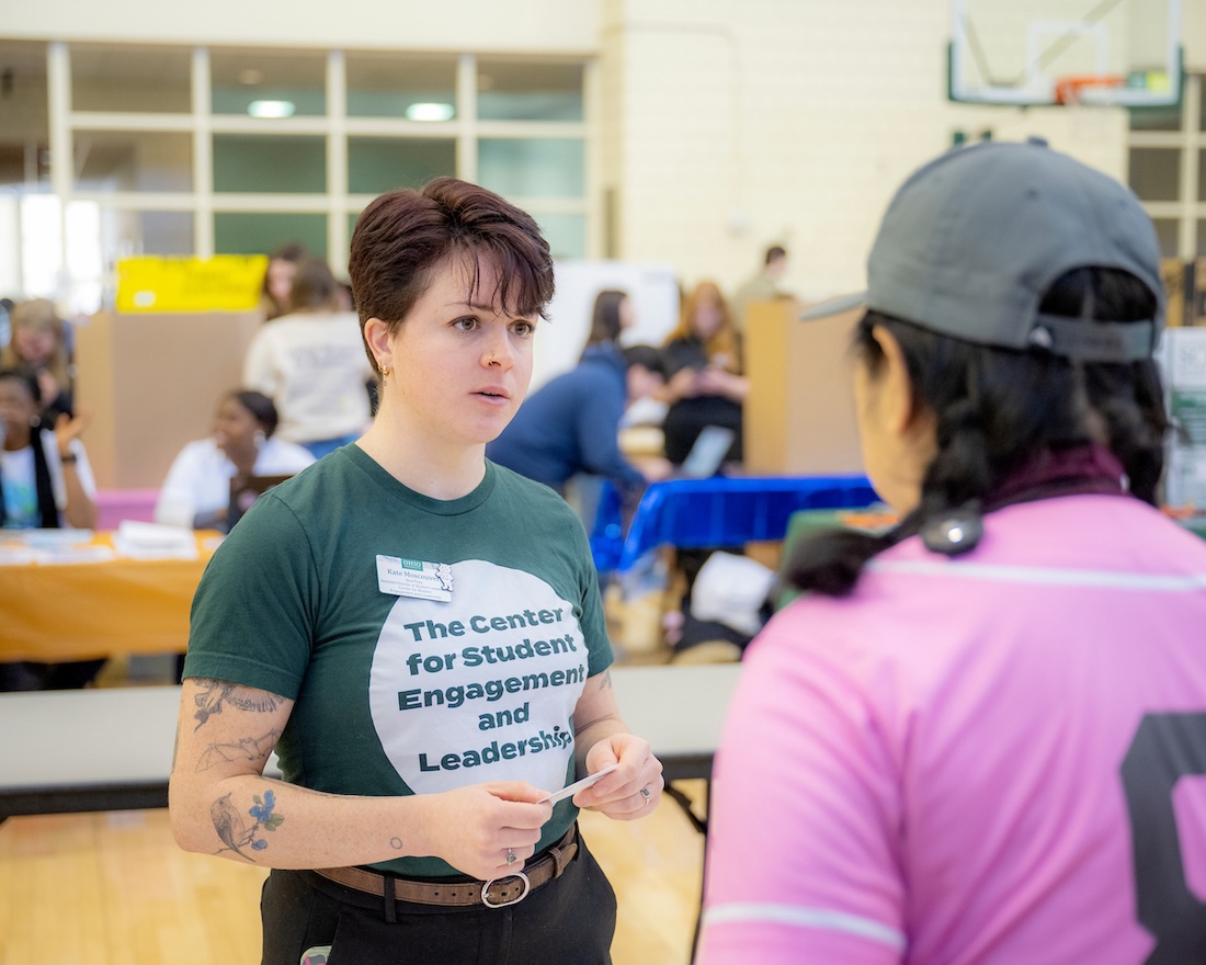 a student talks during the spring involvement fair