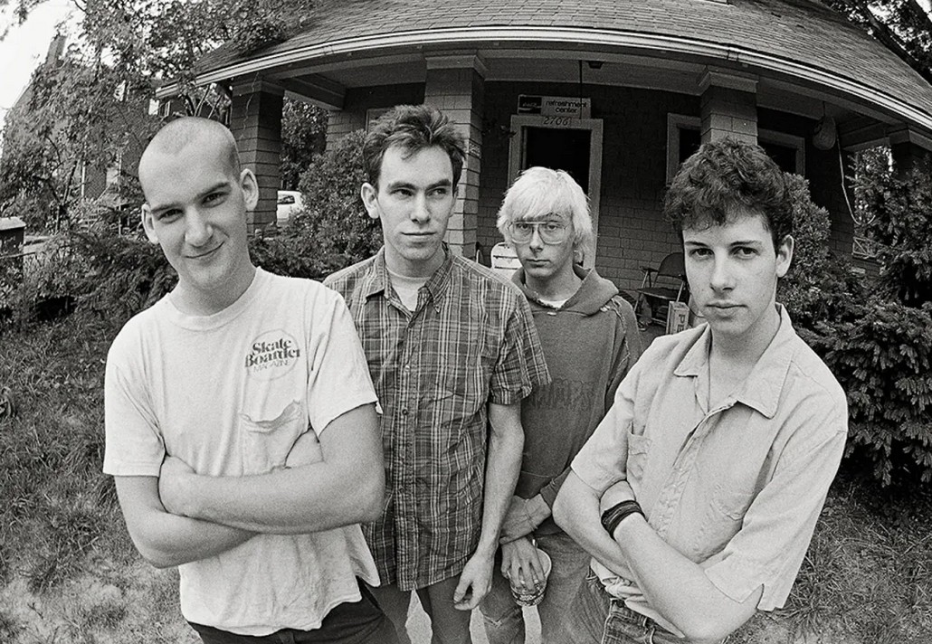 A black-and-white photo of the lineup of Minor Threat.