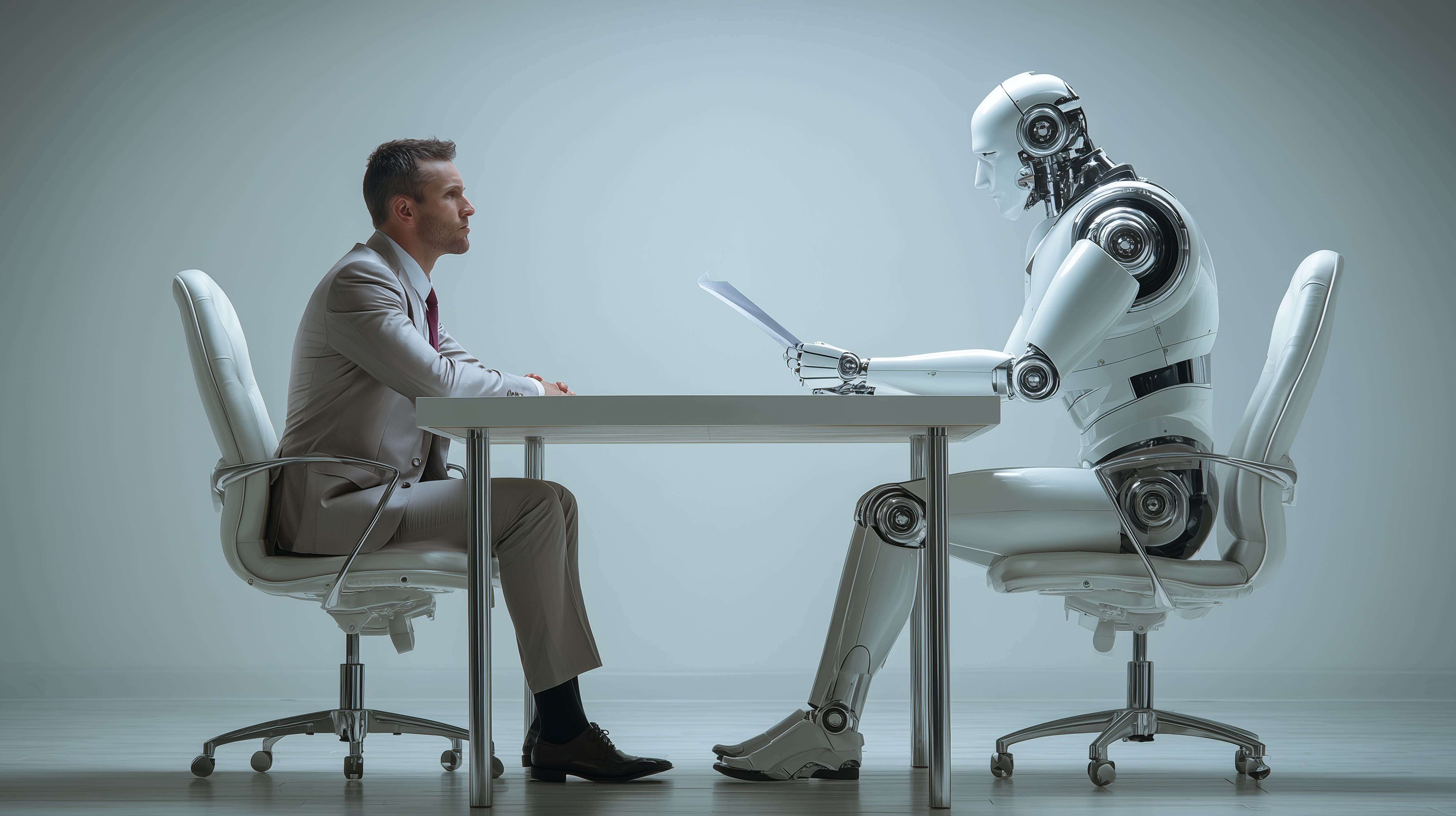 A man interviewing a robot 