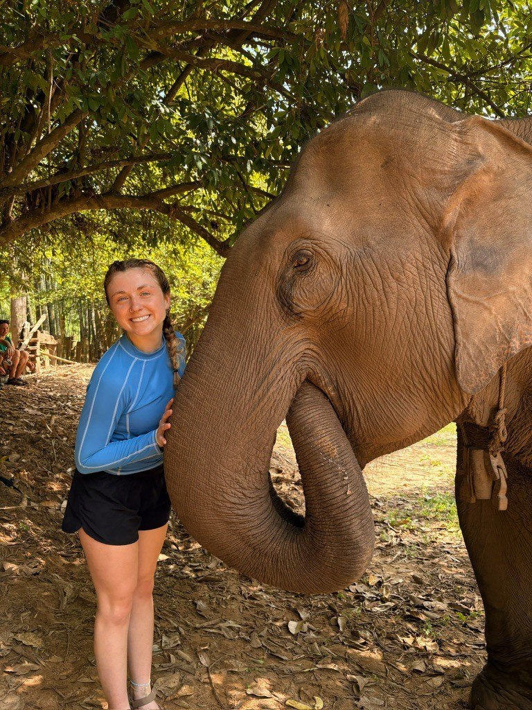 A woman standing next to an elephant.