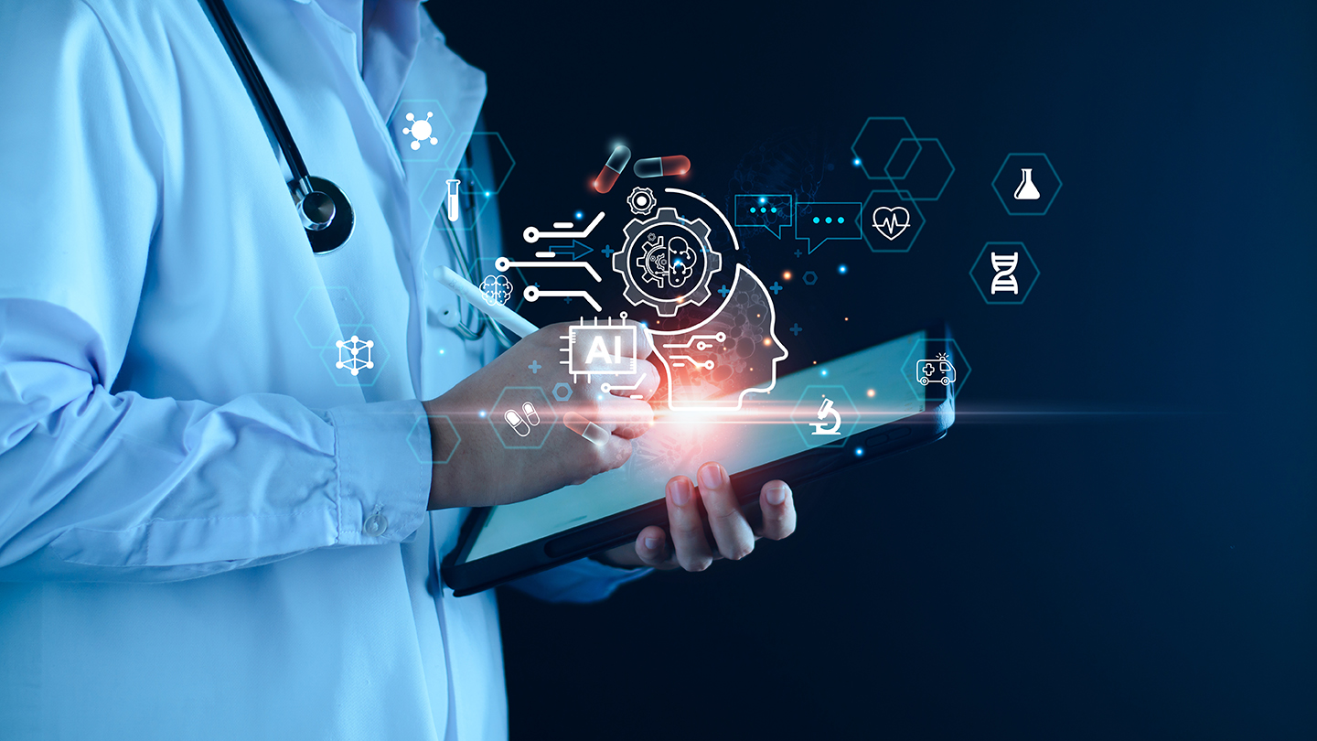 A doctor holds a tablet using artificial intelligence.