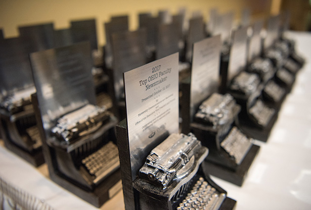 Pictured are the custom-made Keystroke Catalyst Awards presented to the 28 faculty newsmakers who received special recognition at the gala.