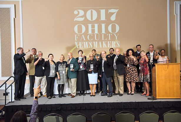 The 2017 Keystroke Catalyst Award winners join President M. Duane Nellis and Chief Marketing Officer Renea Morris in toasting all of OHIO’s faculty newsmakers as well as the deans, campus communicators, staff and family who support them and their efforts.