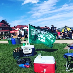 The Ohio University flag is proudly displayed during the annual race in San Francisco.