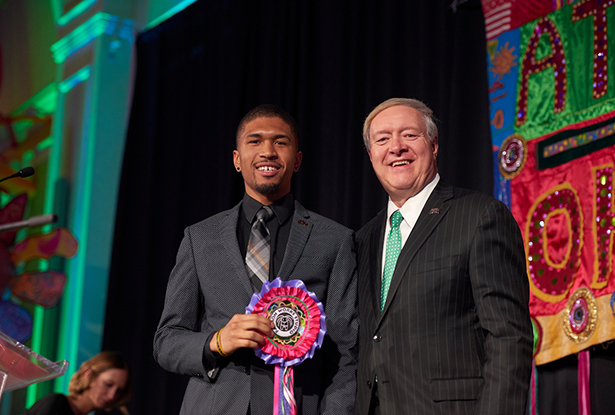 Ohio University President M. Duane Nellis poses for a photo with Outstanding Senior Leader Award recipient Matthew Kinlow, a biological sciences major.