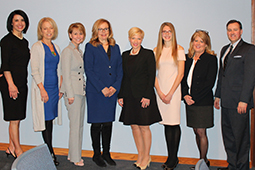 Pictured (from left) are Ginny Favede, Elizabeth Hofreuter-Landini, Denise Penz, the Honorable Jennifer L. Sargus, Kelly Bettem, Leia Hunt, Diana Crutchfield, and E. J. Schodzinski, director of external relations at Ohio University Eastern.