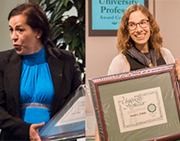 Rachida Aissaoui and Jennifer Fredette are shown accepting their 2018 University Professor awards.