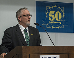 Dean Scott Titsworth speaks at the Scripps College of Communication's 50th Anniversary Celebration in Schoonover Center on Monday, April 9.