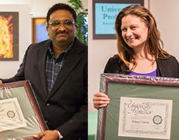 Zaki Kuruppalil and Brittany Peterson are shown accepting their 2018 University Professor awards.